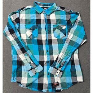 No Fear Shirt Mens XL Multicolor Button Front Long Sleeve Plaid Dual Pockets